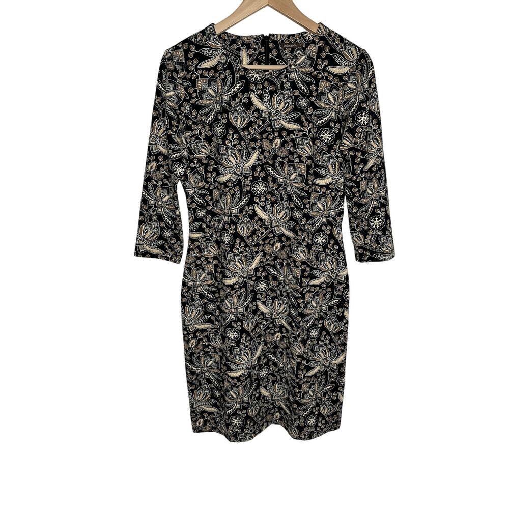 J. McLaughlin Women Catalina Cloth Sheath Dress Small Black Brown Floral Stretch